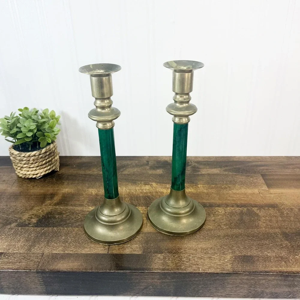 Vintage Green &‎ Brass Candlestick Set - Mid-Century Modern Decor